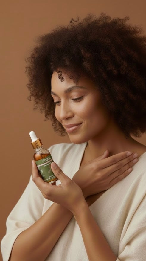 Woman holding a bottle of skincare serum against a brown background