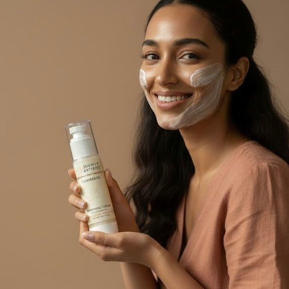 Woman holding a skincare product with cream on her face against a beige background