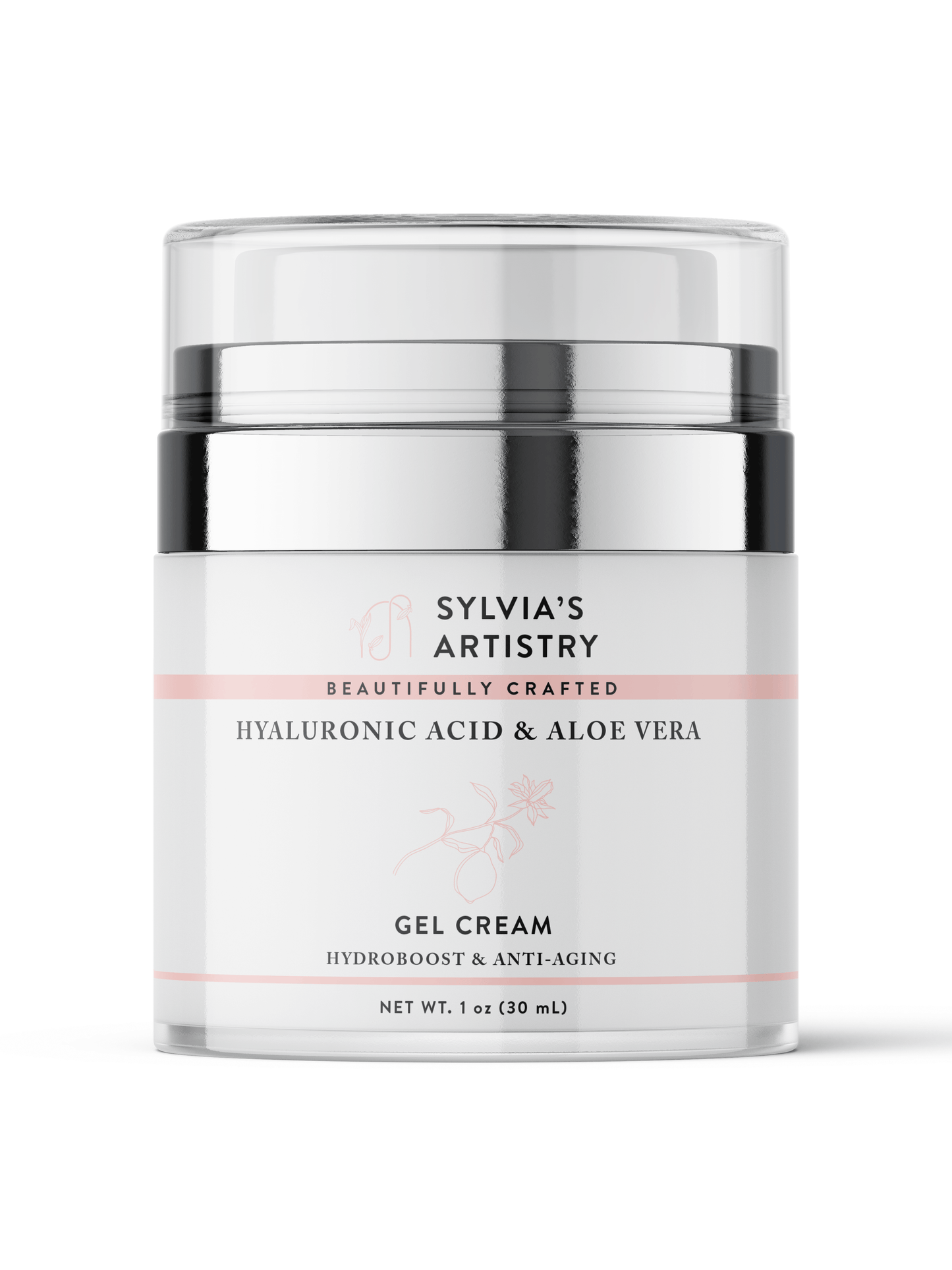 hyaluronic acid and aloe vera cream in container with label for natural skincare brand for acne, normal skin, sensitive skin with oatmeal, flowers and clay, pharmacist-formulated, holiday, birthday gift, skincare routine, dry skin